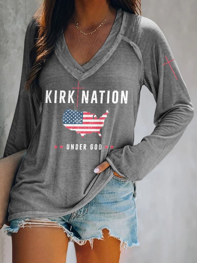V-neck Retro Kirk Nation Under God Print T-Shirt