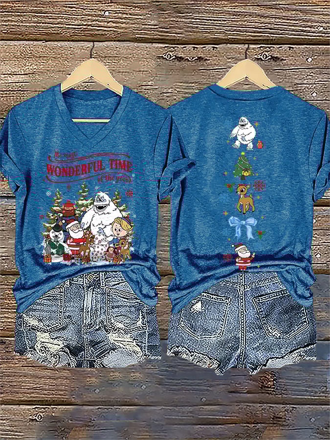 V-Neck Retro Christmas The Most Wonderful Time Of The Year Print T-Shirt