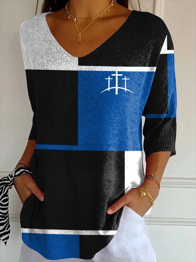 Women's Casual Retro Contrast Color Square Faith Striped T-Shirt