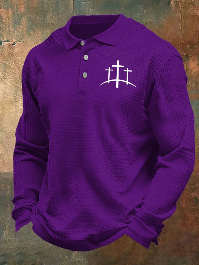 Men's Cross Print Casual Waffle Shirt