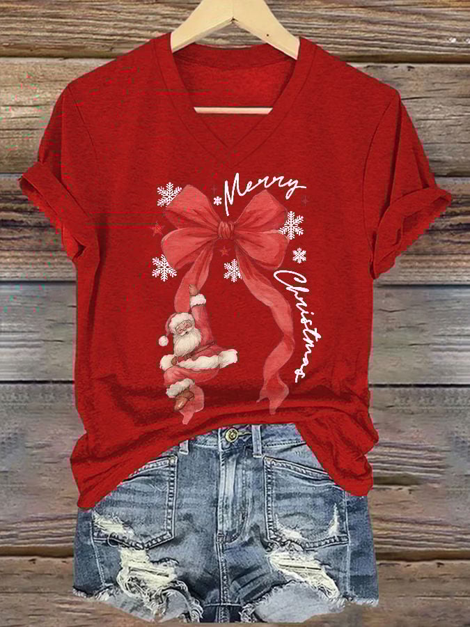 V-Neck Retro Merry Christmas Bow Santa Claus Snowflakes Print T-Shirt