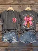 V-Neck Retro Breast Cancer Awareness Faith Cross Pink Ribbon If You’Re Hanging On By A Thread Make Sure It’s The Hem Of His Garment Matthew 9:20-22 Print T-Shirt