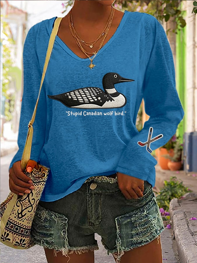 Women's Stupid Canadian wolf bird Print Long Sleeve T-shirt